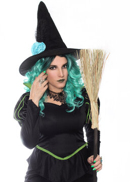 Witch With Broom on White Background