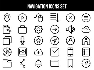 Black Outline Navigation Icon Set on White Background.