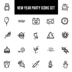 Set of New Year Party Icon in Black Line Art.
