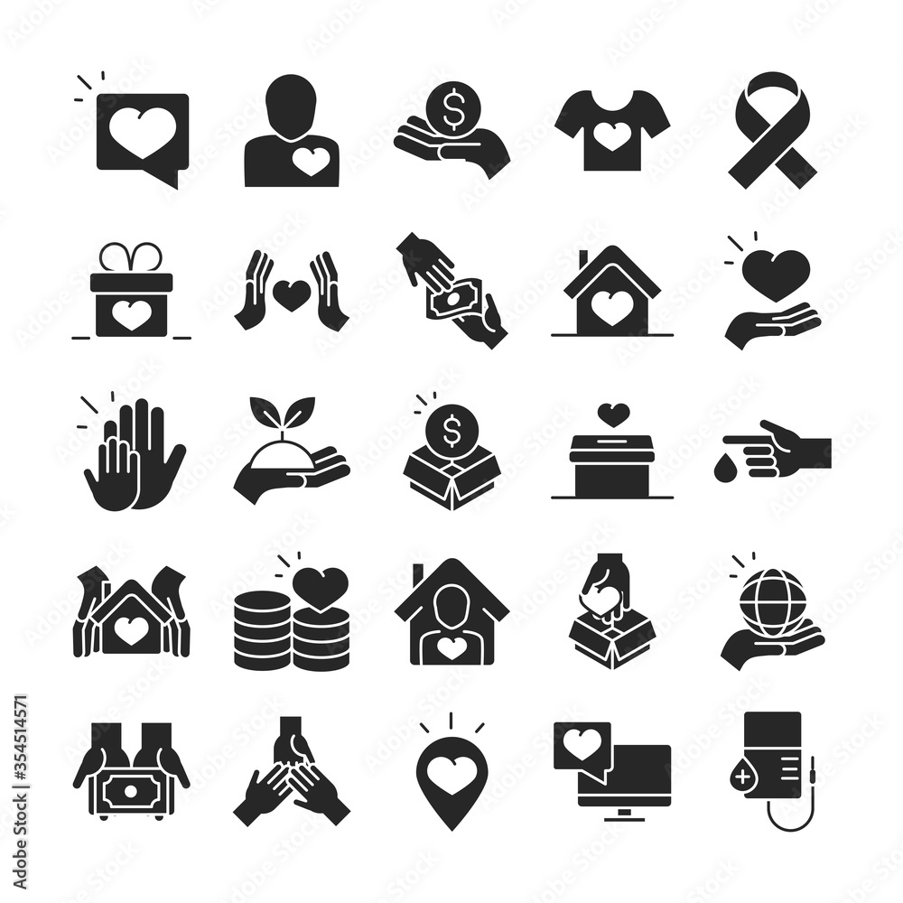 Sticker donation charity volunteer help social assistance icons collection silhouette style