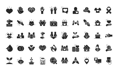 donation charity volunteer help social assistance icons collection silhouette style