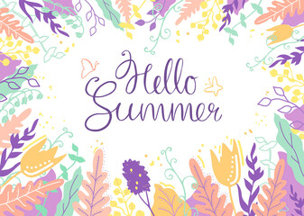 Hello Summer poster, banner in the style of Doodle. Vector illustration, lettering and colorful design for posters, postcards, invitations.