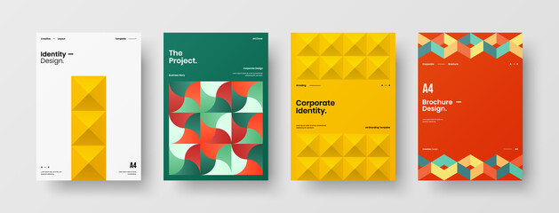 Fototapeta premium Company identity brochure template collection. Business presentation vector A4 vertical orientation front page mock up set. Corporate report cover abstract geometric illustration design layout bundle.