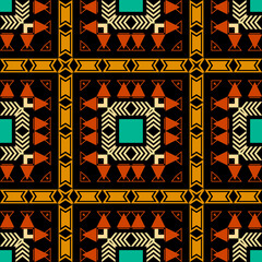 Tribal colorful plaid vector seamless pattern. Ethnic tartan background. Repeat geometric striped backdrop. Colorful folk ornament with geometry shapes, rhombus, zig zag lines, triangles, squares