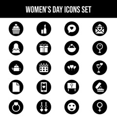 Glyph Women's Day Icon Set on Black Round Background.