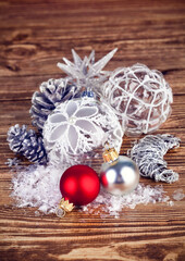 Obraz na płótnie Canvas Christmas balls with tinsel and snow. Stock photo. Stock photo.