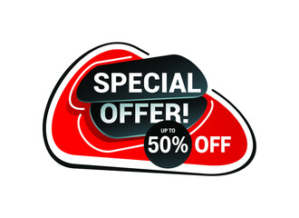 Banner for Special Offer up to 50% off sales sticker in red bossy ellipse form - promo element for marketing offers and sales