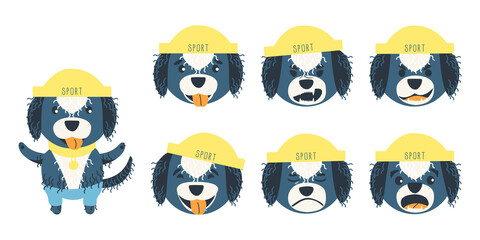 Set of emotions of a cute Portuguese aquatic dog. A dog can be different happy, sad and kind. Sports accessories medal, hat and pants. Flat cartoon vector illustration.