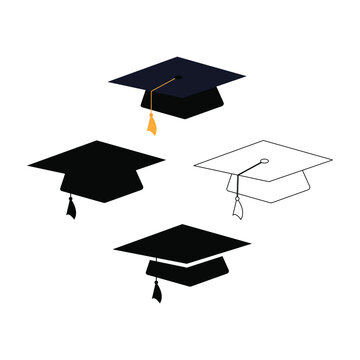 Set of academic caps in different images, realistic, simple flat design, silhouette and outline icon. Vector illustration isolated on white background, eps 10.