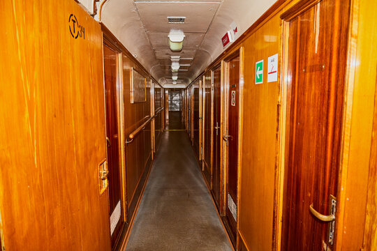 Murmansk, Russia - June 21, 2019: Interior in the historical Museum of the ship. Corridor in the first nuclear powered icebreaker Lenin in Murmansk.