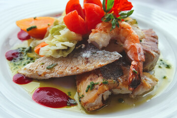 Delicious fish dish from traditional cuisine of Madeira island - grilled fillets of ocean codfish served with shrimps, shells, mussels and celery puree