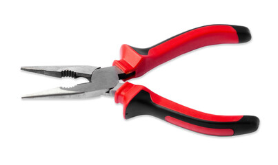 Metal pliers with red and black rubber handle against isolated on white background