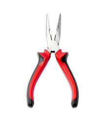Metal pliers with red and black rubber handle against isolated on white background