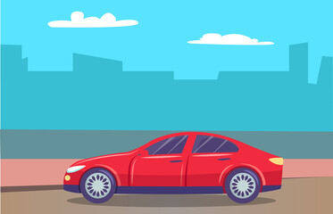 Skyline of big city in haze and car passing cityscape. Vehicle on road of town. Traveling and enjoying urban landscapes. Transport for trips and journeys. Freeway with automobile. Vector in flat style