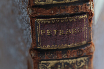 Il Petrarca, old leather book spine. closeup spine detail.