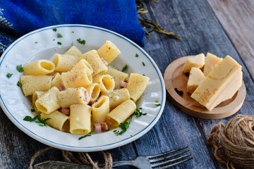  Fresh pasta rigatoni alla carbonara with  cream sauce  , egg, parmesan cheese ,olive oil and black pepper) 