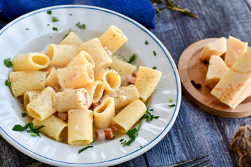  Fresh pasta rigatoni alla carbonara with  cream sauce  , egg, parmesan cheese ,olive oil and black pepper) 