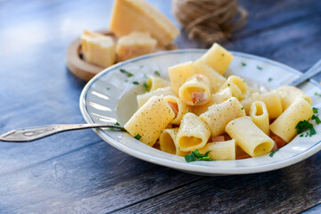  Fresh pasta rigatoni alla carbonara with  cream sauce  , egg, parmesan cheese ,olive oil and black pepper) 