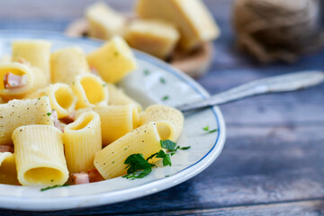  Fresh pasta rigatoni alla carbonara with  cream sauce  , egg, parmesan cheese ,olive oil and black pepper) 