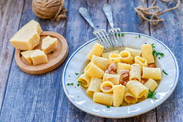  Fresh pasta rigatoni alla carbonara with  cream sauce  , egg, parmesan cheese ,olive oil and black pepper) 