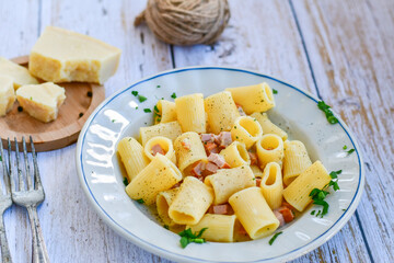  Fresh pasta rigatoni alla carbonara with  cream sauce  , egg, parmesan cheese ,olive oil and black pepper) 