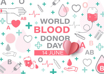 Medical and blood donation icon with wording of World blood donor day on white background. Poster campaign in icon flat style and vector design.