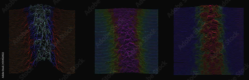 Poster Generative art and data visualization of simplex noise. Analog and digital line waveforms, sound waves, equalizer and recording concept.