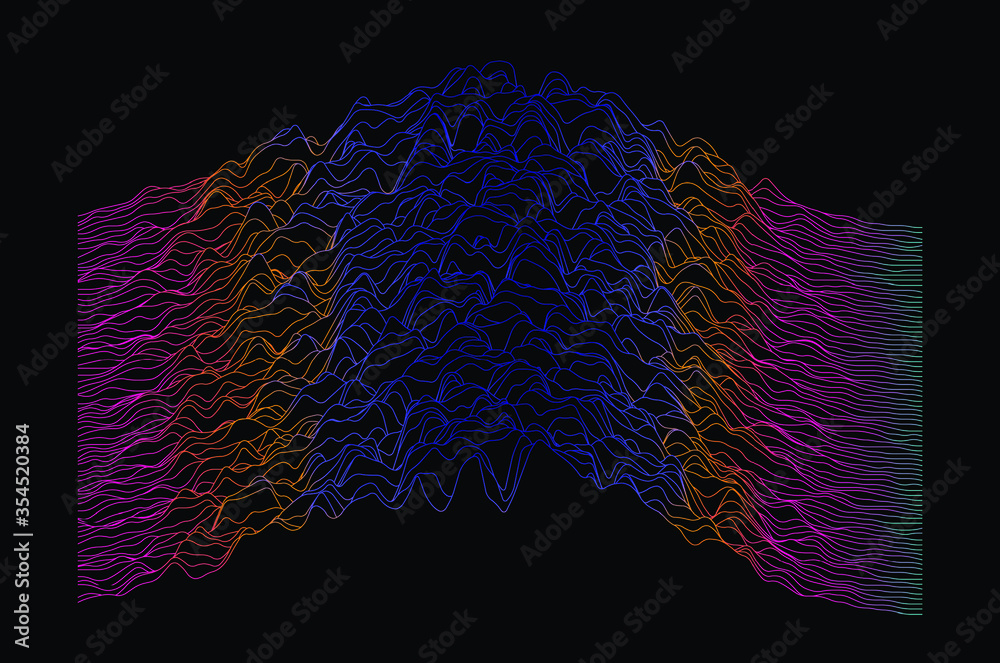 Poster Generative art and data visualization of simplex noise. Analog and digital line waveforms, sound waves, equalizer and recording concept.