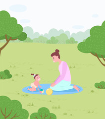 Obraz na płótnie Canvas Family in park, mother and baby on rug, newborn and woman vector. Child and toys, mommy playing with kid, childhood care and love, nature and meadow
