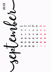 New Calendar Design 2021 Year. Page 10 - September. Creative Desk, Wall, Office Calendar 2021. Diary Planner 2021. Personal Organizer Company Calendar 2021. Calligraphy, Printable and Editable Layout.
