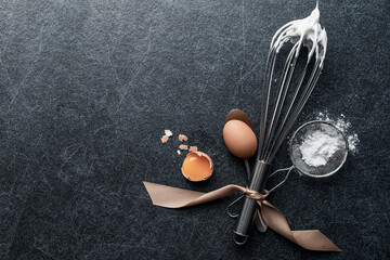 Food concept background : Food whisk with Meringue and Egg bakery or cake concept.