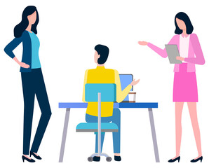 Colleagues communication, cartoon man and woman cooperating together. Vector male sitting at computer and females with notebook , financial workers