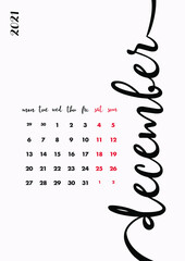 New Calendar Design 2021 Year. Page 13 - December. Creative Desk, Wall, Office Calendar 2021. Diary Planner 2021. Personal Organizer Company Calendar 2021. Calligraphy, Printable and Editable Layout.