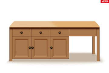 Kitchen island table. Modern domestic table with drawers. Big wooden table for family meal and brunch. Vector Illustration isolated on white background.
