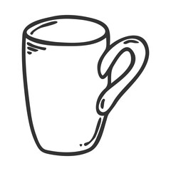 Mug with handle in Doodle style. Kitchen utensils. Design element for decorating menu, recipes, and food packaging. Hand drawn and isolated on white. Black-white vector illustration