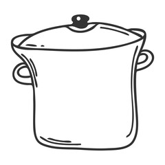 The pot is covered with a lid. Doodle style. Kitchen utensils. Design element for decorating menu, recipes, and food packaging. Hand drawn and isolated on white. Black-white vector illustration