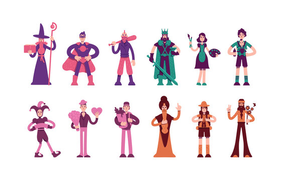Twelve archetypes flat color vector characters set