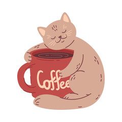 Cat hugs a big coffee cup. Vector illustration for coffee houses. Isolated on white background. Can be used for menu, logo or flyer, greeting card, design t-shirt, print or poster.