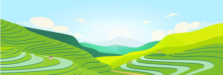 Obraz premium Terraced fields at sunset flat color vector illustration