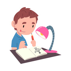 Boy Sitting at the Table and Drawing Picture, Cute Child Daily Routine Activity Cartoon Style Vector Illustration on White Background