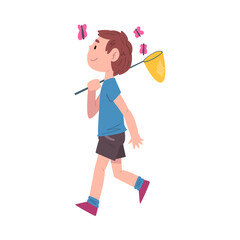Boy Walking Carrying Butterfly Net on his Shoulder, Cute Child Daily Routine Activity Cartoon Style Vector Illustration on White Background