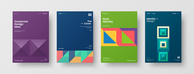 Obraz premium Company identity brochure template collection. Business presentation vector A4 vertical orientation front page mock up set. Corporate report cover abstract geometric illustration design layout bundle.