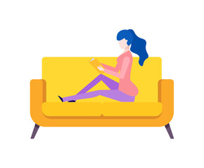 Woman sitting on yellow sofa reading book or report, side view of female character, work or leisure indoor, person in casual clothes with literature vector