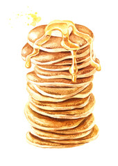 High stack of pancakes with butter, honey, and sweet maple syrup. Hand drawn watercolor illustration isolated on white background