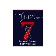 Calendar sheet, vector illustration on the theme of National Cancer Survivors Day on June 7. Decorated with a handwritten inscription - JUNE and stylized linear Ribbon for Cancer Awareness.