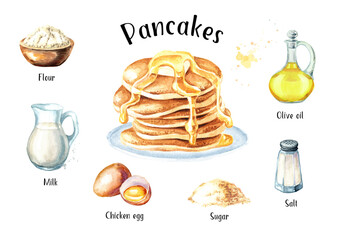 Recipe for pancakes with ingredients. Hand drawn watercolor illustration isolated on white background