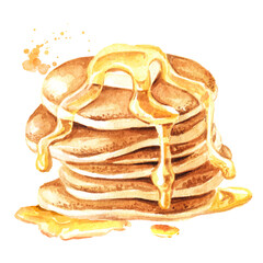 Stack of pancakes with butter, honey, and sweet maple syrup. Hand drawn watercolor illustration isolated on white background