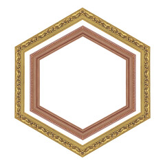 hexagonal gold frame and wood frame isolated on a white background with clipping path