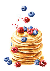Stack of pancakes with sweet maple syrup or honey and fresh  raspberries and blueberries falling on the pancakes. Hand drawn watercolor illustration isolated on white background