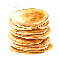 Stack of pancakes. Hand drawn watercolor illustration isolated on white background